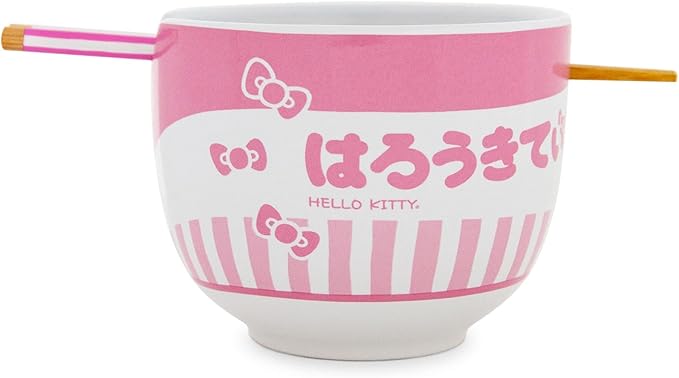Hello Kitty Tokyo Pink Stripes Ramen Bowl with Chopsticks