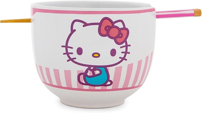 Hello Kitty Tokyo Pink Stripes Ramen Bowl with Chopsticks